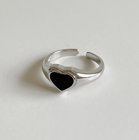 Anello In Argento Sterling S925 Vintage Minimalista Cuore Nero Smalto Aperto Regolabile Gioielli Da Dito Per Donna