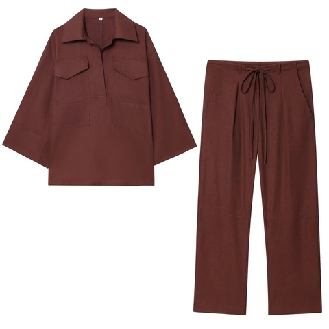 Damen Hemd Und Hose Polyester Reverskragen Doppelbrusttaschen Kordelzug Taille Lässige Streetwear Lockere Passform