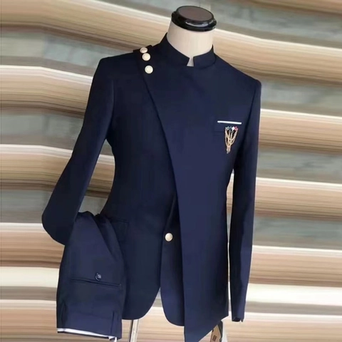 Men Business Suit Stand Collar Asymmetrical Metal Button Chain Brooch Polyester Blend Banquet Wedding Slim Fit