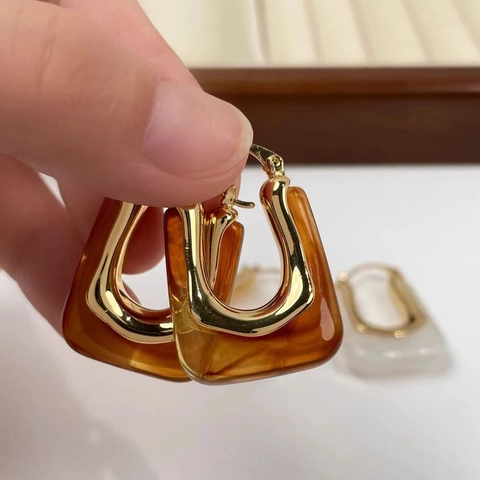 Orecchini A Cerchio Retrò A Forma Di U Per Donna Rame Con Placcatura In Oro 18K Resina Trama Marmo Ambra Gioielli Moda