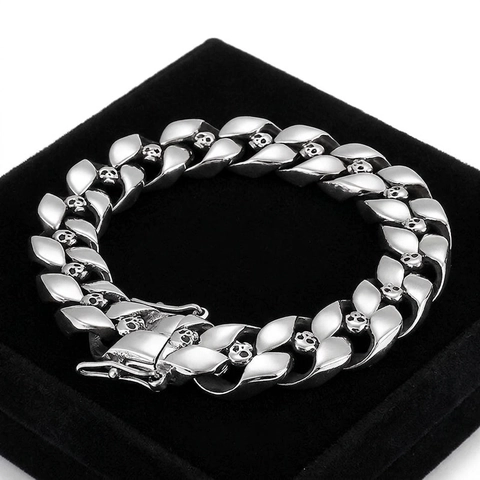 Pulsera De Cadena Cubana Para Hombre Acero Inoxidable 316L Calavera Grabada Punk Gótico Hip Hop Joyería