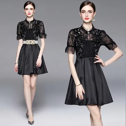 Abito Da Festa Elegante Con Giunzioni In Pizzo Nero E Paillettes Vita Alta Linea A Satine Abito Da Sera Maniche Corte Collo Alto Fiocco Donne