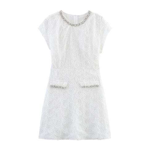 Robe Courte Femme Blanche Élégante Col Rond Manches Courtes Texture Rose Garniture Strass Bodycon Style Français