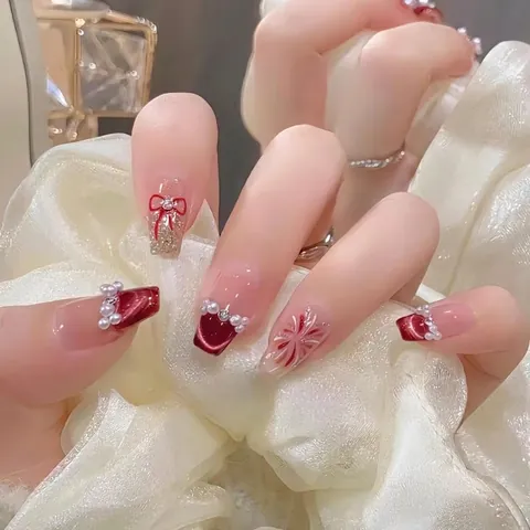 Press On Nägel Weinrot Cat Eye Französischer Stil Mit Kunstperlen Und Roter Schleife Glänzend Feuerwerk Künstliche Nägel