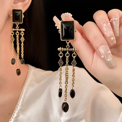 Vintage Long Tassel Drop Earrings Black Square Ceramic Alloy Retro Elegant Jewelry With 925 Sterling Silver Earring Post