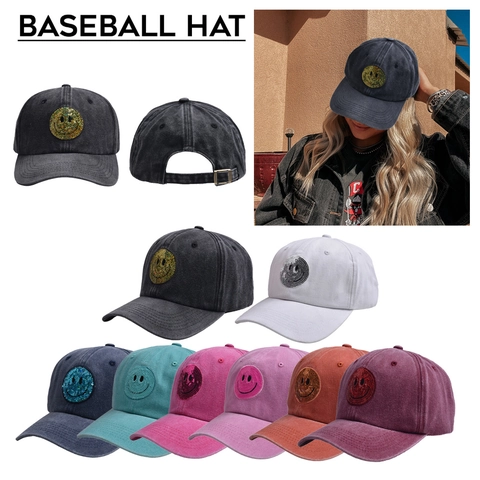 Washed Cotton Baseball Cap With Sequin Smile Face Patch Distressed Retro Style Adjustable Strap Back Unisex Outdoor Sun Hat