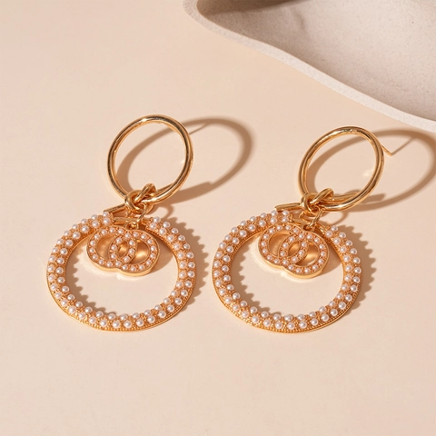 Pendientes Colgantes De Círculo Geométrico Con Perla Artificial De Imitación Y Poste De Plata Aleación Estilo Elegante Retro Mujer