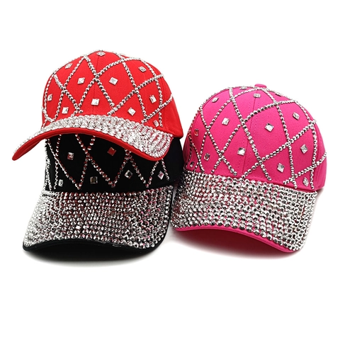 Cotton Rhinestone Baseball Cap Shiny Geometric Grid Pattern Sunshade Outdoor Sport Hat For Women Men