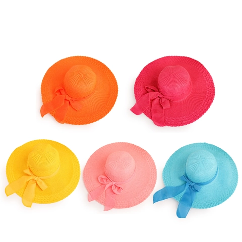 Women Wide Brim Straw Sun Hat With Large Bowknot Solid Color Summer Beach Travel Paper Straw Cap