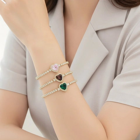 Women Copper Heart Zirconia Bracelet Gold Plated Adjustable Slider Tennis Chain Heart Shaped Gemstone Bracelet Jewelry Gift