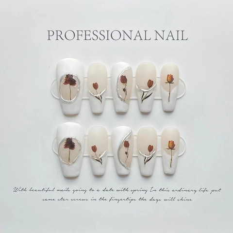 Handmade Press On Nails Rose Tulip Floral Coffin Shape Milky White Silver Foil Edge Elegant Vintage For Women