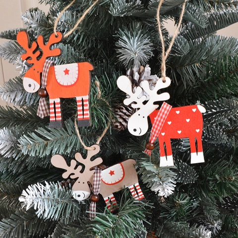 Christmas Reindeer Wooden Hanging Ornaments With Plaid Scarf And Jute Rope For Holiday Tree Decoration Painted Elk Shape