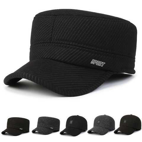 Men Winter Hat Thickened Woolen Cadet Cap Baseball Cap With Ear Flaps Warm Outdoor Casual Adjustable Sporty Solid Color
