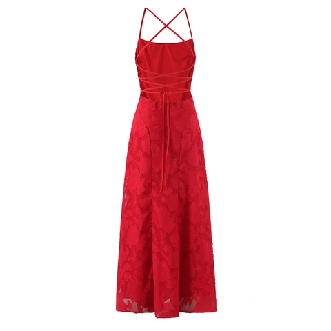 Abito Lungo Sexy In Jacquard Rosso Con Spalline Sottili Schiena Scoperta Incrociata Vita Alta Elegante Vestito Da Sera Per Donna