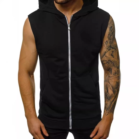 Men Casual Polyester Sleeveless Hoodie Sporty Full Zipper Vest Solid Color Fitness Gym Bodybuilding Loose Fit Top For Men