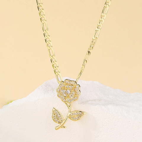 Rose Flower Pendant Necklace 18K Gold Plated Copper Cubic Zirconia Elegant Ins Style Fashion Jewelry For Women
