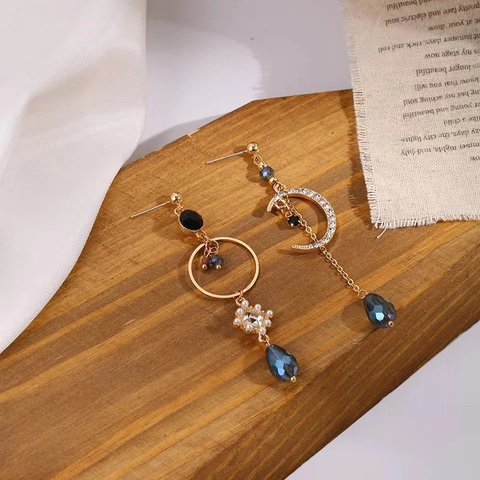 Asymmetric Moon Dangle Earrings Alloy Blue Rhinestone Water Drop Silver Earring Post Elegant Jewelry For Women