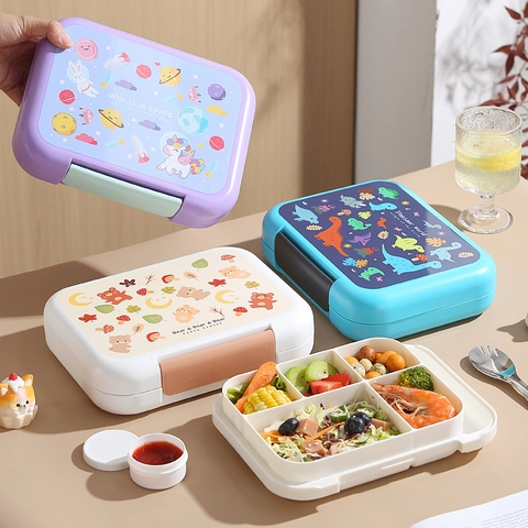 Portapranzo Bento Diviso Cartone Animato Per Bambini Studenti Plastica PP Microonde Con Cucchiaio In Acciaio Inossidabile 304 Portatile