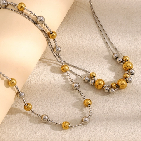 Double Layer Necklace 316L Stainless Steel 18K Gold Plated Two Tone Bead Chain INS Style Fashion Jewelry For Women