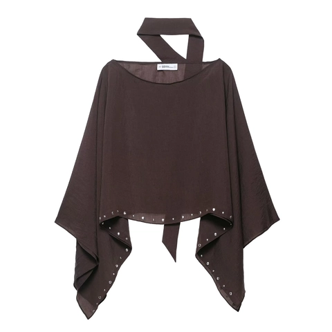 Damen Poncho Oberteil Chiffon Ärmellos Rundhals Unregelmäßiger Saum Silberne Nieten Chic Mode Cape Bluse