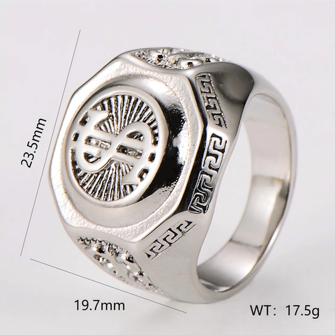 Anillo De Sello Hombre Acero Inoxidable 304 Símbolo Dólar Patrón Griego Vintage Hip Hop Joyas