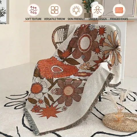 Woven Cotton Bohemian Throw Blanket Vintage Floral Sofa Cover With Tassels Multi-Functional Camping Picnic Mat Home Decor