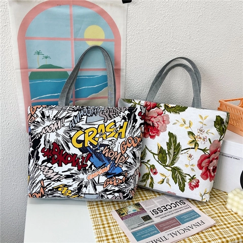Large Capacity Women Canvas Tote Bag Printed Shoulder Handbag Zipper Closure Casual Shopping Work Student Versatile