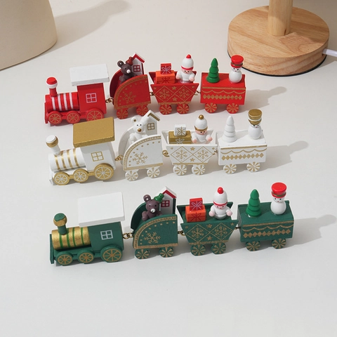 Christmas Wooden Train Ornaments Mini Desktop Decoration Cartoon Locomotive Carriages Snowman Bear Gift Decor For Holiday Home