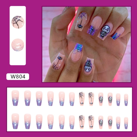 Press On Nägel Lange Sargform Halloween Spinnennetz Totenkopf Lila Blau Schimmer Gradient Kunststoff Künstliche Nägel