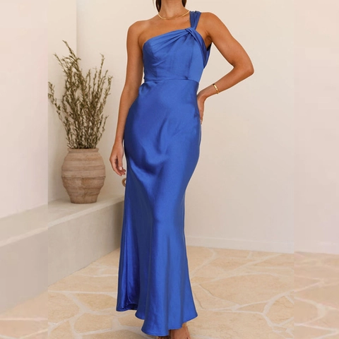 Vestito Lungo Elegante In Raso Monospalla Per Donna Nodo Intrecciato Schiena Scoperta Sexy Slim Fit Blu Reale Poliere Festa