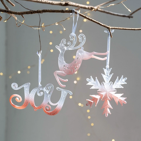 Christmas Tree Hanging Ornaments Pink Transparent Gradient Plastic Snowflake Heart Carriage Ballet Girl Holiday Decor
