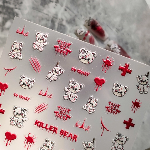5D Embossed Nail Art Stickers Halloween Horror Killer Bear Bloodstain Cross Gothic Dark Punk Decoration