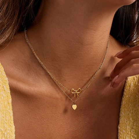 Doppelschichtige Edelstahl Halskette Mit Schleife Herz Anhänger 18K Vergoldet Süßer Romantischer Schmuck Für Damen Geschenk