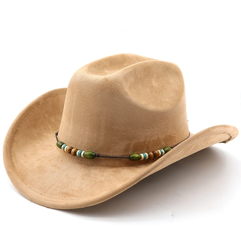 Cappello Da Cowboy Western Scamosciato Tesa Larga Con Fascia Di Perline Etniche Corda Antivento Fedora Vintage Per Uomini Donne