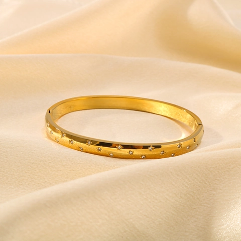 Bracciale Rigido Minimalista In Acciaio Inossidabile Da Donna Con Placcatura Oro 18K Motivo A Stelle E Strass