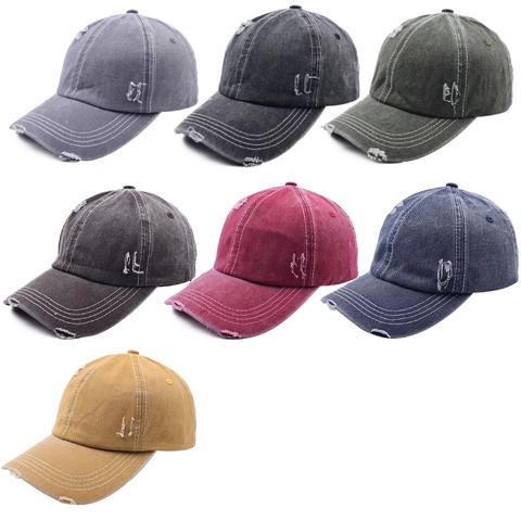 Vintage Washed Cotton Baseball Cap Distressed Ripped Hole Outdoor Sun Protection Curved Brim Adjustable Buckle Retro Unisex
