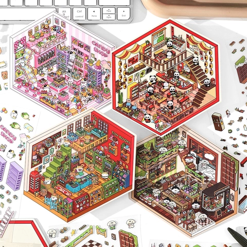 Isometric Scene Decorative Stickers DIY Journal PET Cardboard Mini Shop Landscape Toy Room Hot Pot Cute Stationery