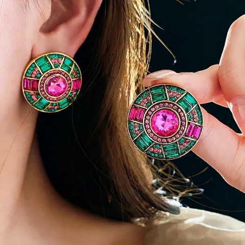 Vintage Runde Legierung Strass Ohrringe Mit Silbernem Ohrstecker Retro Luxus Schmuck Für Frauen Gold Rosa Grün