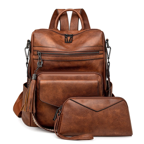 Dames Mode Rugzak En Clutch PU Leer Grote Capaciteit Vintage Retro Kwastje Multi Pocket Waterdicht Reizen