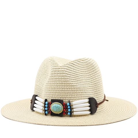 Boheemse Fedora Strohoed Papier Geweven Ademend Zonbescherming Strand Reizen Met Turkoois Kralenband Dames Heren