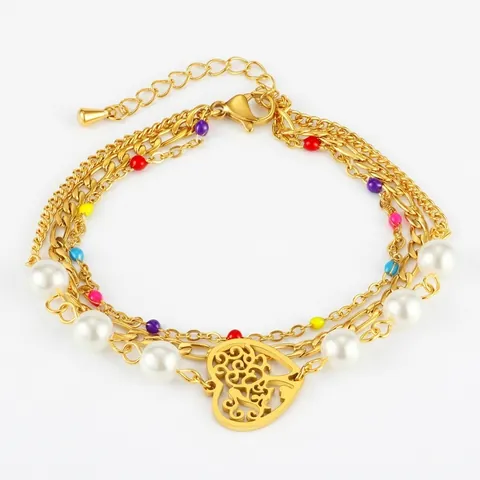 Pulsera Multicapa Acero Inoxidable Perla Artificial Cuentas Coloridas Corazón Hueco Árbol De La Vida Joyería Chapada En Oro Para Mujer