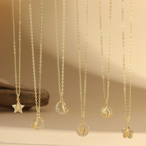 Vintage Copper Zirconia Celestial Pendant Necklace Gold Plated Moon Star Sun Religious Virgin Mary Medallion For Women Jewelry