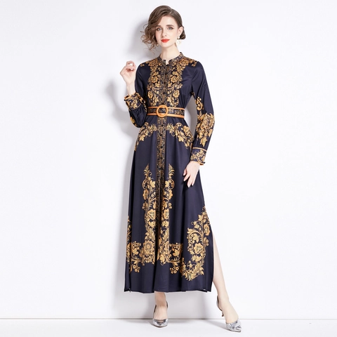 Abito Maxi Elegante Con Stampa Floreale Barocca Collo Alla Coreana Maniche Lunghe Bottoni Spacco E Cintura Donna