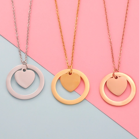 Heart Pendant Round Ring Necklace Stainless Steel 18K Gold Plated Simple Geometric Fashion Jewelry For Women Couples