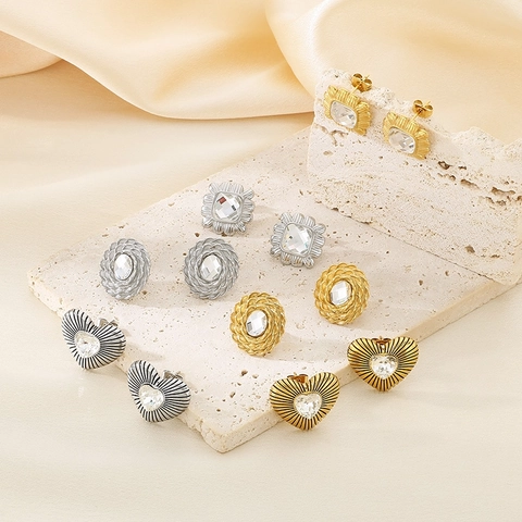Pendientes De Botón De Acero Inoxidable Con Circonita Bañados En Oro De 18K Texturizados Geométricos Corazón Cuadrado Mujer