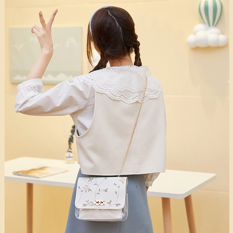 Damen Blumen Gestickt Umhängetasche PU Leder Transparent Patchwork Umhängetasche Kleine Quadratische Kettentasche Drehverschluss