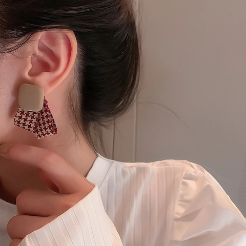 Houndstooth Fabric Drop Earrings With 925 Sterling Silver Earring Post Vintage Square Leather Geometric Jewelry Women