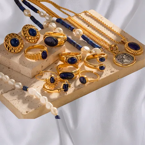 Vintage Stainless Steel Lapis Lazuli Jewelry For Women Gold Plated Retro Sun Snake Pattern Open Ring Necklace Accessory