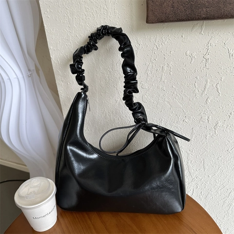 Women PU Leather Hobo Bag Ruched Handle Shoulder Underarm Bag Solid Color Ribbon Bow Decoration Fashion Handbag