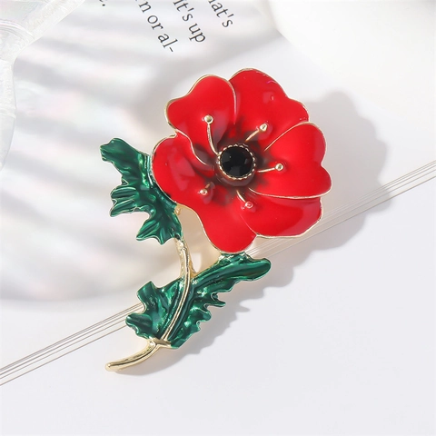 Broche Coquelicot Rouge Style Chinois Émail Alliage de Zinc Plante Épingle Pour Femmes Costume Robe Élégant Strass Fleur Bijoux